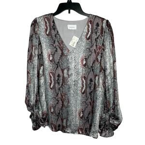 Adrienne Animal Print V Neck Bubble Sheer Sleeve Blouse Top Size Medium New